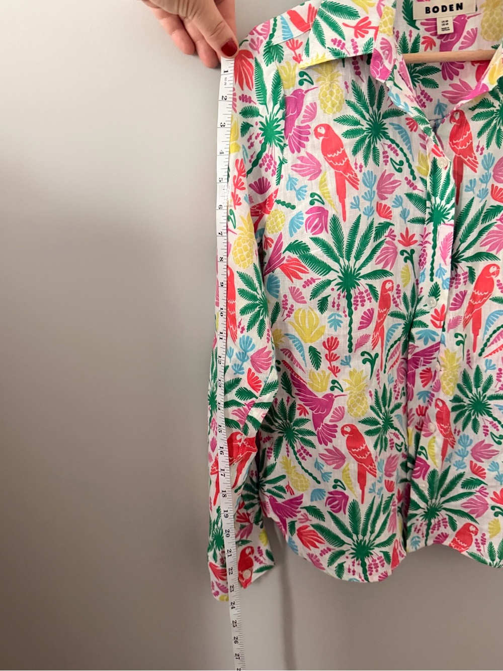 Boden Linen Blend Shirt Tropical Parrot Palm Print Button Front Colorful Sz US 4 - Picture 6 of 8